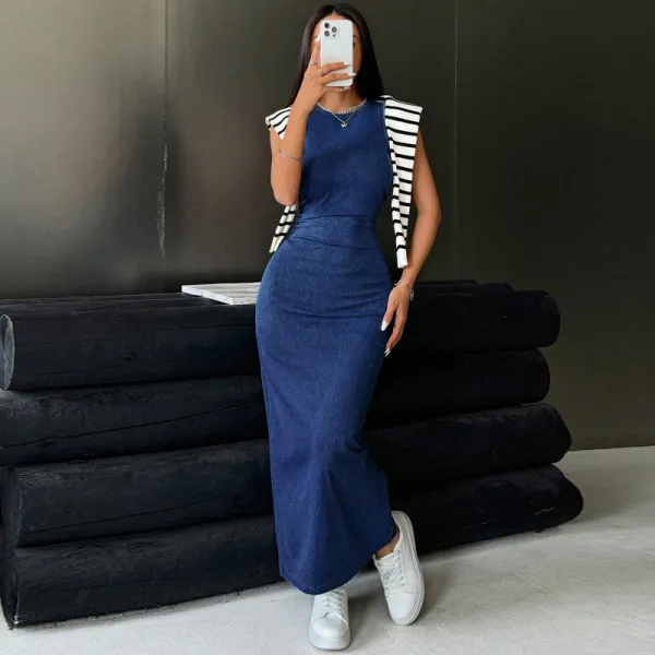SC Sleeveless O Neck Denim Maxi Derss GDAM-218585