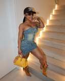 SC Fashion Wrap Chest Washed Denim Two Piece Skirts Set GSMJ-6993