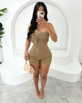 SC Solid Color Wrap Chest Denim Romper MEM-88636