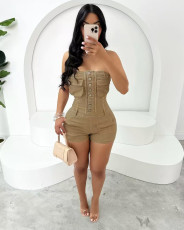 SC Solid Color Wrap Chest Denim Romper MEM-88636