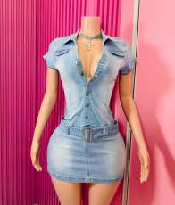 SC Fashion Denim Short Sleeve Mini Dress MEM-88635
