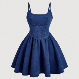 SC Solid Color Denim Sling Mini Dress GDAM-218588