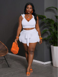 SC Ruffle V Neck Backless Two Piece Shorts Set MDF-5652