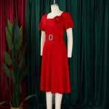 SC Plus Size Square Neck Solid Corsage High Waist Midi Dress GATE-568