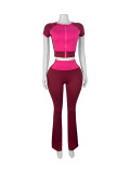 SC Short Sleeve Color Block Micro Pants Suit CH-25019