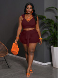 SC Ruffle V Neck Backless Two Piece Shorts Set MDF-5652