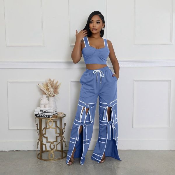 SC Solid Color Patchwork Tie Up Straight Pants ORY-5269
