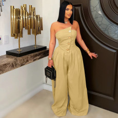 SC Solid Wrap Chest Metal Button Wide Leg Jumpsuit ZSD-0729
