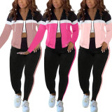 SC Patchwork Sport Hooded Coat Two Piece Pants Set SH-391311