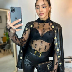 VIP1 Sexy See-through High Neck Long Sleeve T-shirt QKYF-71598