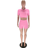 SC Solid Color Sport Short Sleeve Two Piece Shorts Set LM-9259