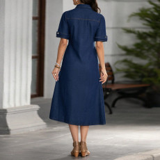 SC Short Sleeve Lapel Denim Midi Dress GDAM-218665