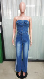 SC One Shoulder Washed Denim Wide Leg Jumpsuit GKNF-6995