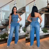 SC One Shoulder Washed Denim Wide Leg Jumpsuit GKNF-6995