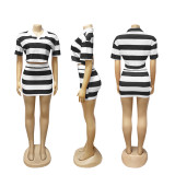 SC Stripe Contrast Color Crop Tops And Skirt Suit SFY-683