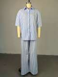 SC Stripe Short Sleeve Loose Two Piece Pants Set GCNE-HK72246