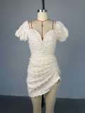 SC V-Neck Bubble Sleeve Drawstring Mini Dress GCNE-HK72276