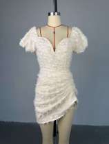 SC V-Neck Bubble Sleeve Drawstring Mini Dress GCNE-HK72276