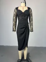 SC Square Neck Lace Long Sleeve Midi Dress GCNE-HK7984