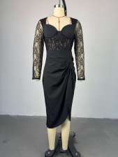 SC Square Neck Lace Long Sleeve Midi Dress GCNE-HK7984