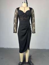 SC Square Neck Lace Long Sleeve Midi Dress GCNE-HK7984