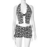 SC Leopard Print Hollow Out Backless Two Piece Skirts Set GDSF-Q25ST091