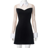 SC Mesh Patchwork Lapel Mini Dress GSZM-K25DS022