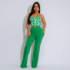 SC Solid Color Print Wrap Chest Loose Pants Suit CYA-901745