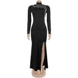 SC Sexy Hot Drill Patchwork Split Maxi Dress BY-7297