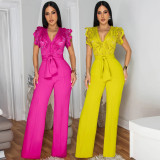 SC Solid Color Tie Up V Neck Wide Leg Jumpsuit CYA-901738