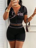 SC Letter Print Short Sleeve Zipper Shorts Suit GMJL-XX539
