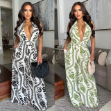 SC Deep V Neck Backless Print Jumpsuit BY-7310