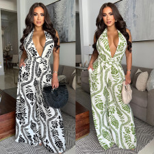 SC Deep V Neck Backless Print Jumpsuit BY-7310