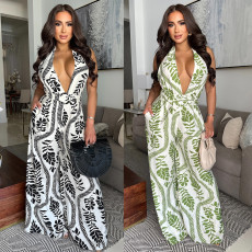 SC Deep V Neck Backless Print Jumpsuit BY-7310