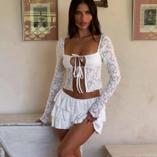 SC Hollow Out Lace Tie Up Two Piece Skirts Set GNZD-51607SBD
