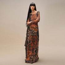 SC Print Mesh Long Sleeve Split Maxi Dress DLSF-K24L62342