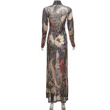 SC Half High Neck Print Long Sleeve High Split Long Tops DLSF-K24L62340