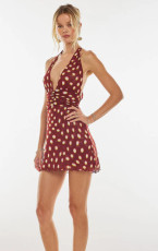 SC Polka Dot Print Halterneck Backless Midi Dress GLJS-B8300
