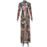SC Half High Neck Print Long Sleeve High Split Long Tops DLSF-K24L62340
