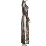 SC Half High Neck Print Long Sleeve High Split Long Tops DLSF-K24L62340