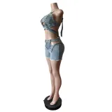 SC Wrap Strappy Denim Vest Shorts Set MEM-88637