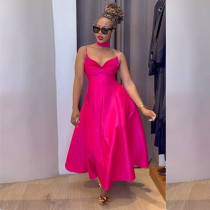 SC V-neck Solid A-line Big Swing Maxi Dress GCNE-HK7842