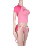SC Letter Print T Shirt Tie Up Two Piece Swimsuit FL-HH25003MHO