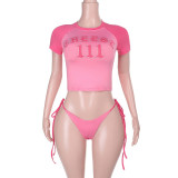 SC Letter Print T Shirt Tie Up Two Piece Swimsuit FL-HH25003MHO
