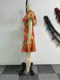 SC Plus Size Printed Waisted Press Pleated Fly Sleeve Romper NY-11039