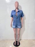 SC Short Sleeve Single-breasted Washed Denim Romper LX-6043