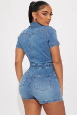 SC Short Sleeve Single-breasted Washed Denim Romper LX-6043