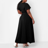 SC Plus Size Solid Color Flare Sleeve Split Skirt 2 Piece Set  NNWF-8078