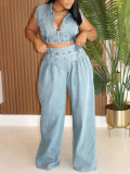 SC Fashion Denim Sleeveless Tops Loose Pant Suit AIL-314