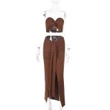 SC Solid Color Wrap Chest Pleated Long Skirt Suit FL-WQ24276MHO